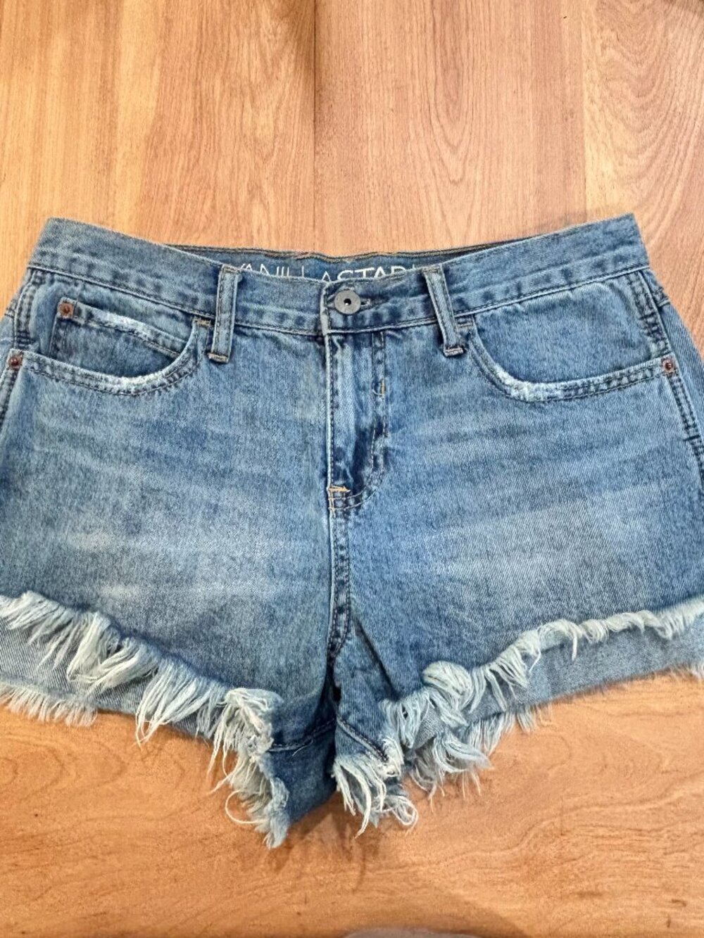 Vanilla Star High Waisted Light Wash Frayed Hem Denim Festival Shorts